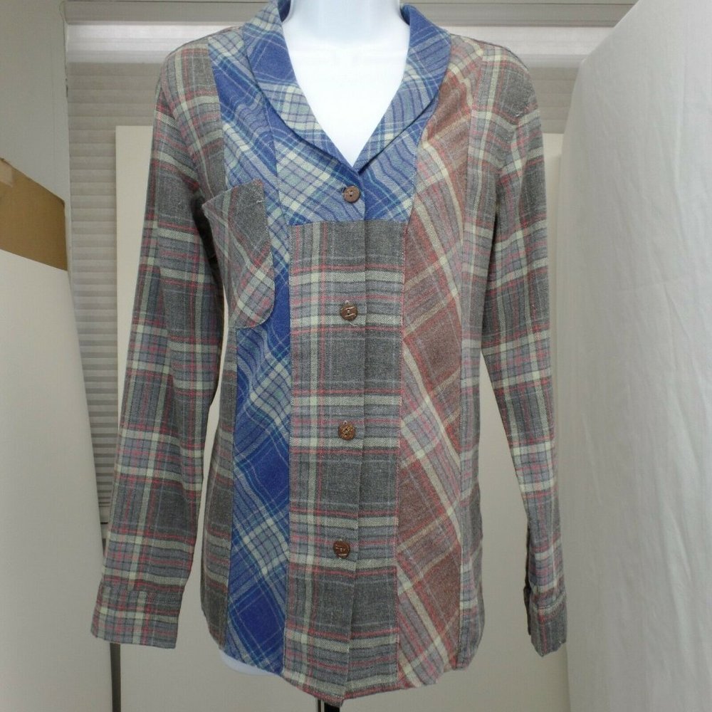 MM VINTAGE MULTICOLOR PLAID COLORBLOCK LIGHTWEIGHT FLANNEL SHIRT SHACKET SIZE: S